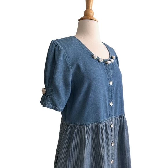 Vintage 90s TRULY YOURS Denim Pearl Button Up MIDI Dress Pockets White Rosettes - Picture 5 of 15